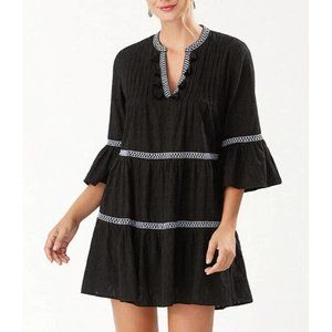 Tommy Bahama Womens Black Bell Sleeves Embroidered Tier Fit & Flare Dress Sz M